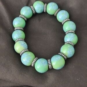 Angela Moore Hand-Painted Beaded Bracelet | Green & Blue Floral | 8”